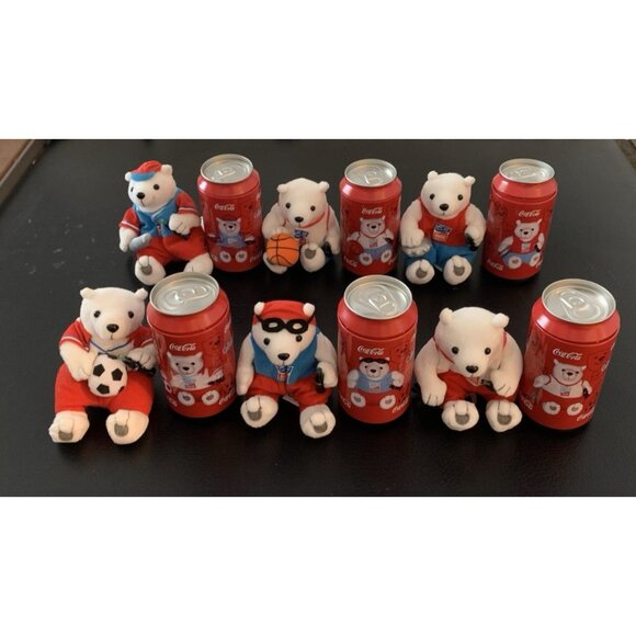 Set of 6 Coca-Cola Athens Olympics 2004 Bean Bag Plush Polar Bears in Coke Cans - Picture 1 of 14